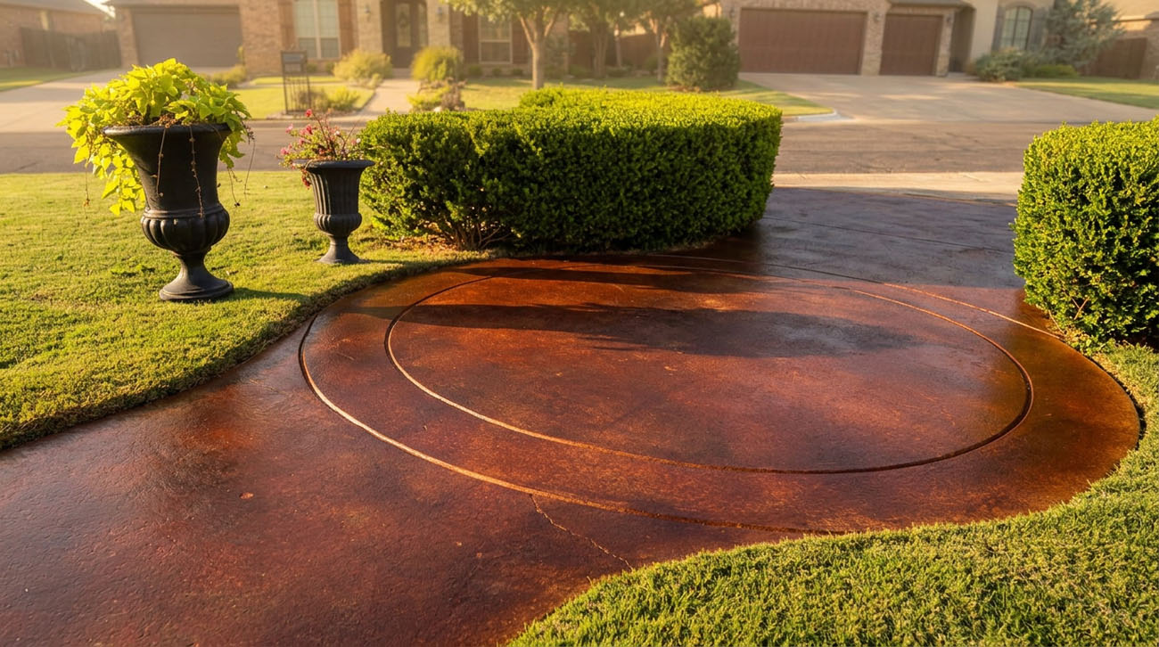 Acetone stained residential concrete driveway by Oklahoma's Concrete Specialists